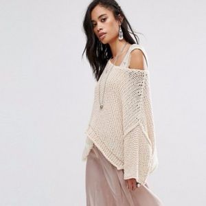 Women's Cream Open-Knit Cold Shoulder Sweater
